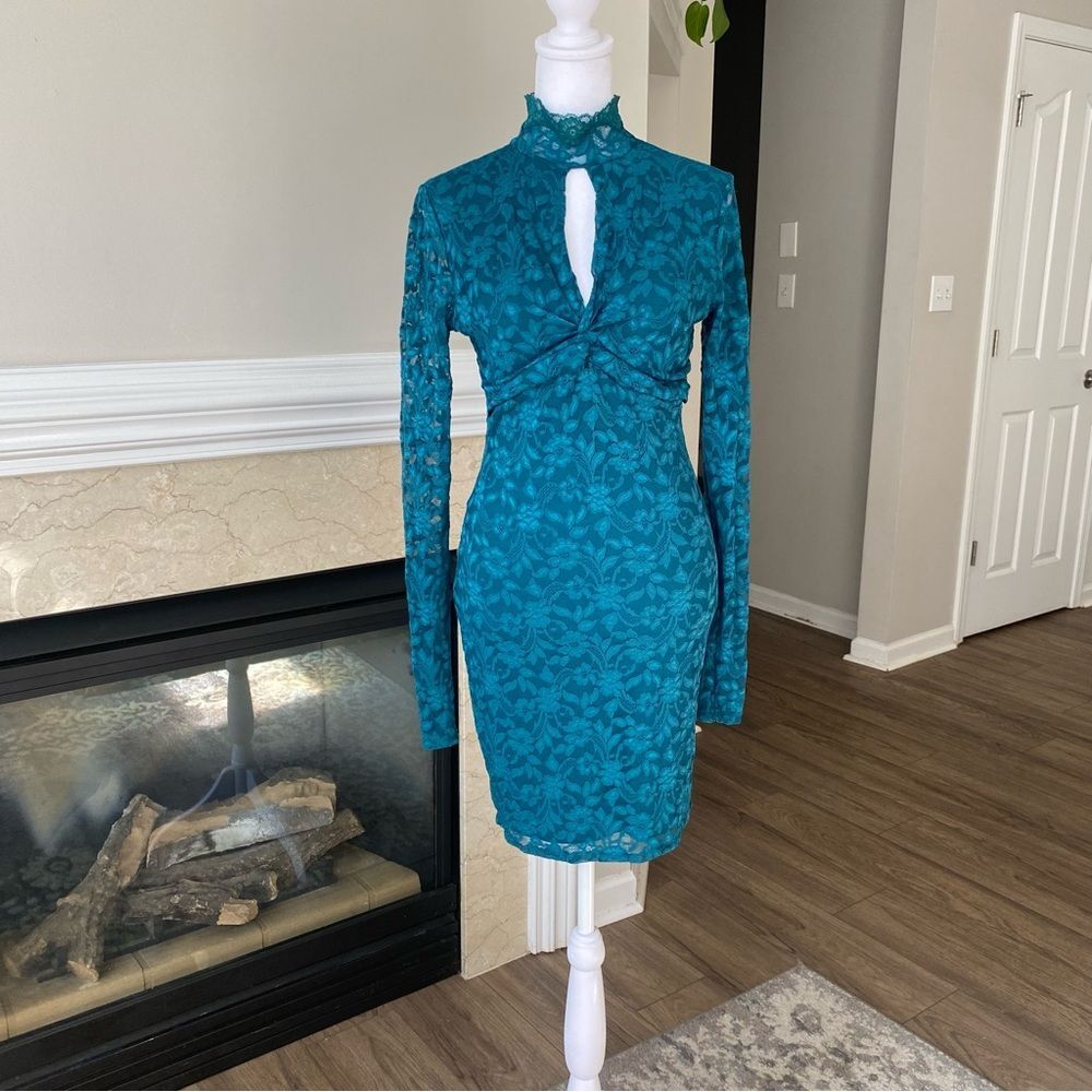 Vintage Moda Internacional Dress Women Size S Blue Lace Long Sleeve